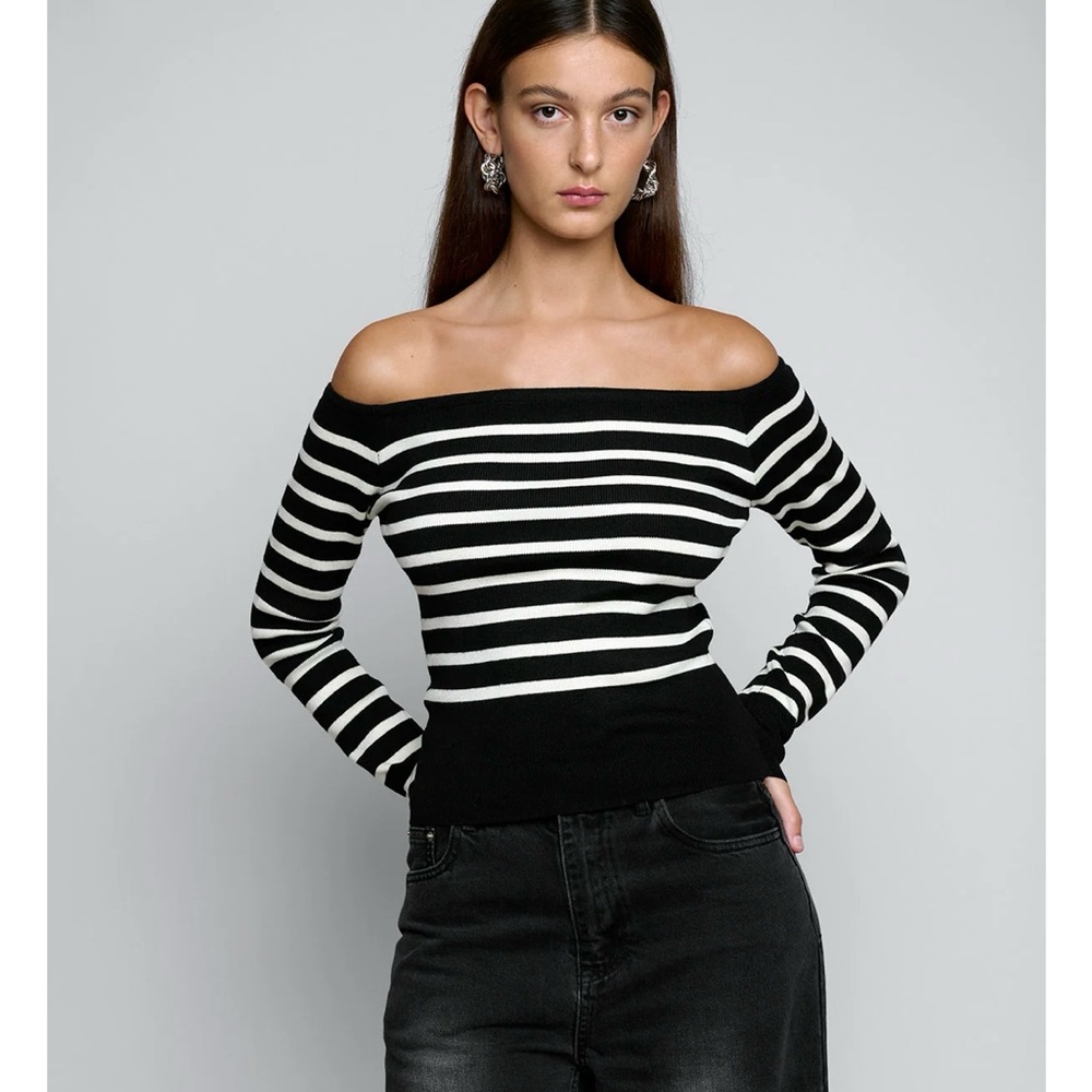 Pixie Market Marcel Black and White Striped Off-Shoulder Sweater